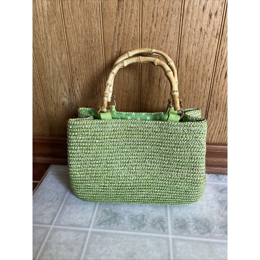 Sonoma‎ Lime Green Raffia Straw Handbag Bamboo Handles Polka dot Lining Retro